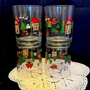 Vintage 1987 Action Industries Christmas Glasses Glass Set 4 Santa Tree Sleigh